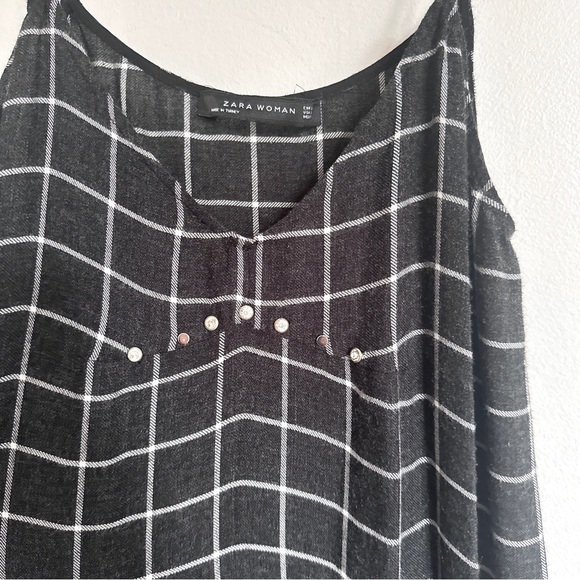 ZARA LONG PLAID FLANNEL STRAPY DRESS BLACK GRAY WHITE CHECKED STUDS S M - Picture 7 of 8